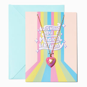 &#39;Wishing You A Magical Birthday&#39; Greeting Card &amp; Pink Unicorn Heart Locket Pendant Necklace Set - 2 Pack,