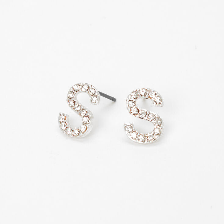 Silver Crystal Initial Stud Earrings - S,