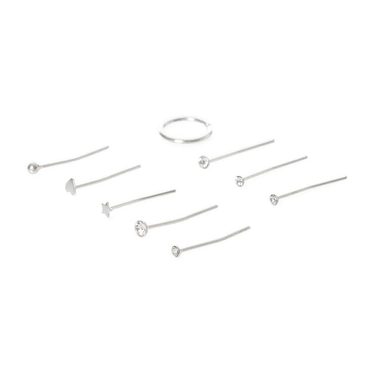 22G Sterling Silver Bend to Fit Nose Studs &amp; Hoop - 9 Pack,