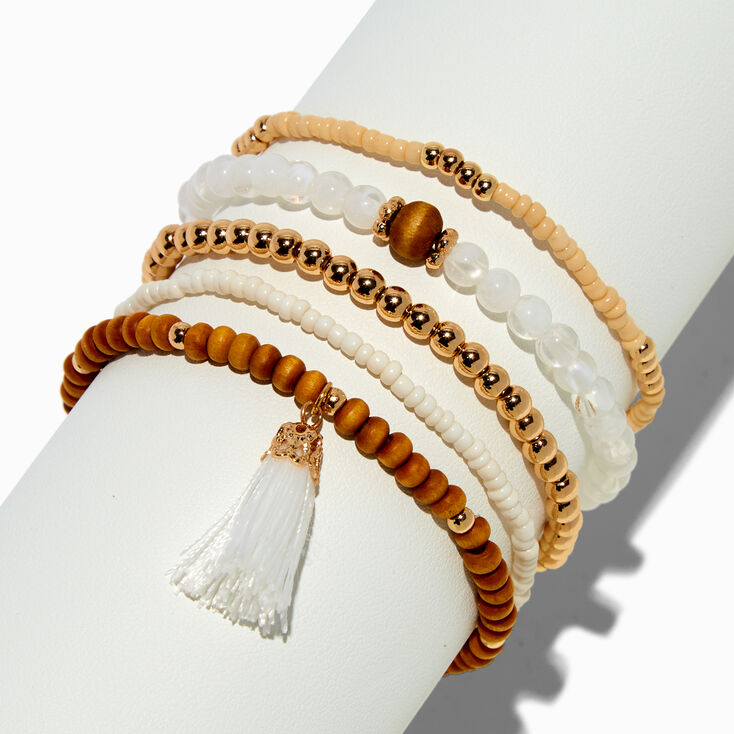 White Tassel Wooden Beaded Stretch Bracelet Set - 5 Pack