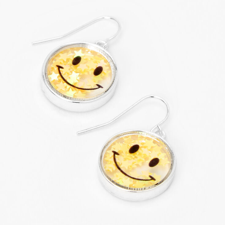 Silver Happy Face Confetti Shaker 1&quot; Drop Earrings,