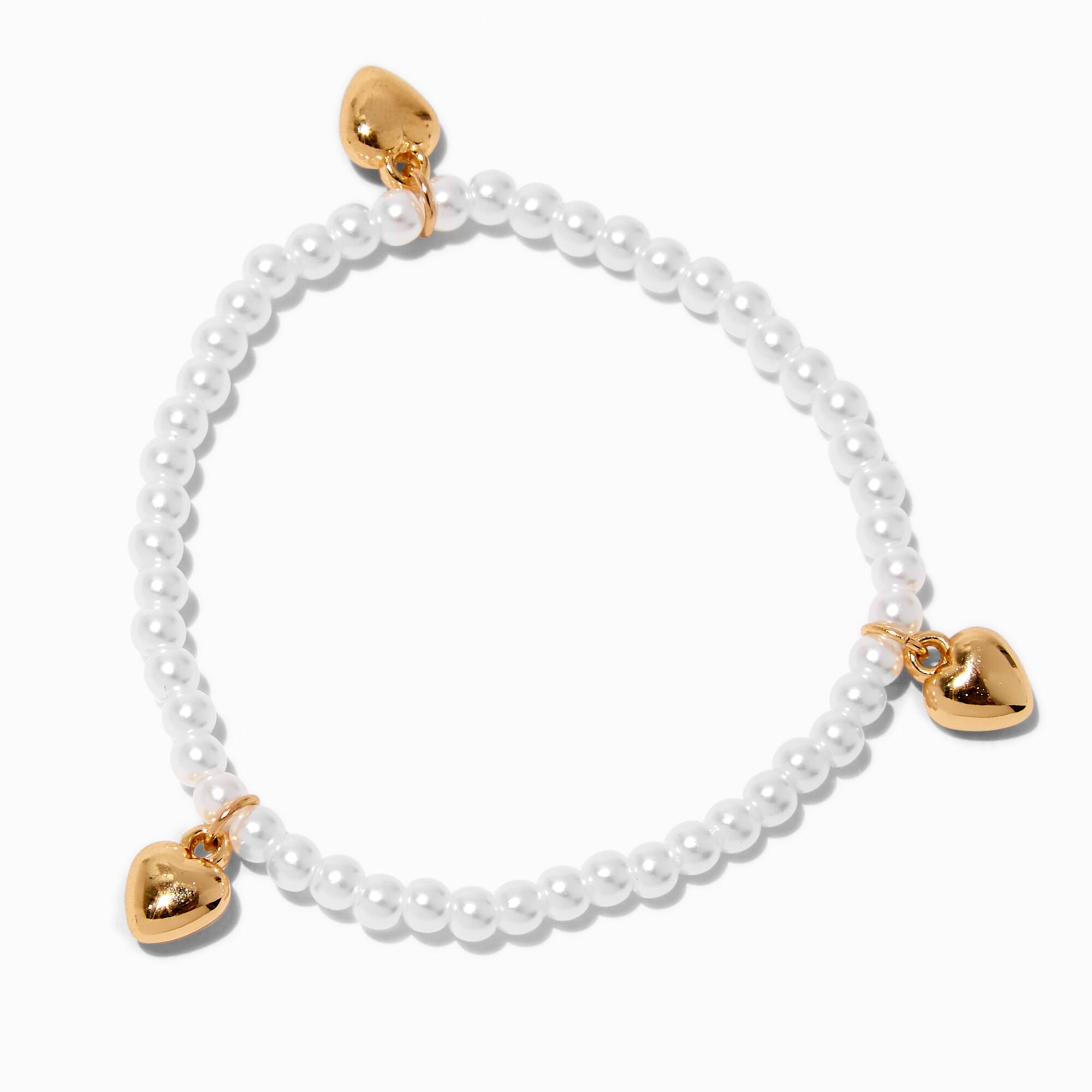 Gold-tone Heart & Pearl Beaded Stretch Bracelet,