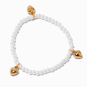 Gold-tone Heart &amp; Pearl Beaded Stretch Bracelet,
