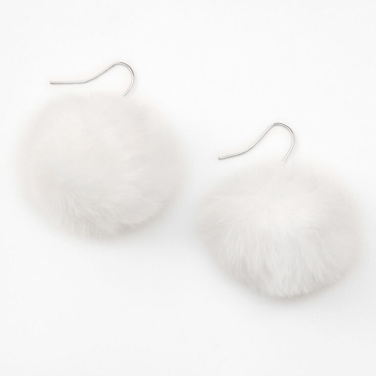 Silver 2&quot; Pom Pom Drop Earrings - White,