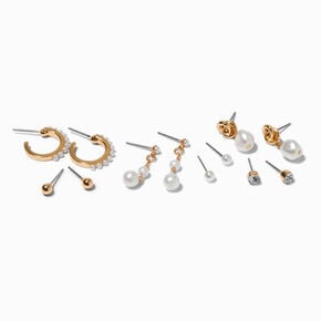 Gold-tone Pearl Earrings Set - 6 Pack ,