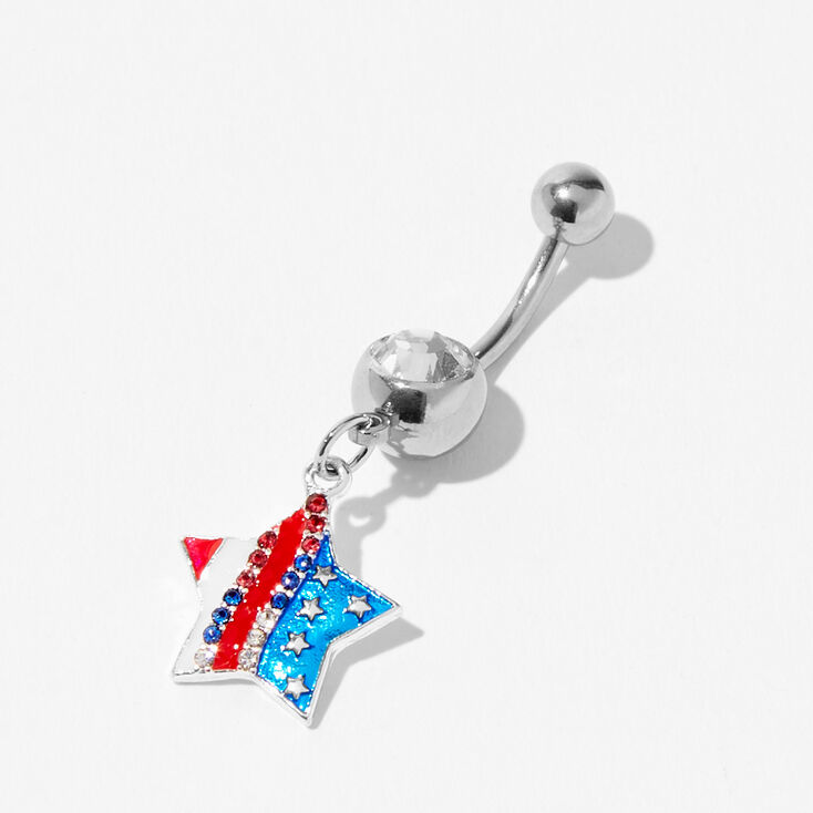 Silver 14G Embellished Stars &amp; Stripes Dangle Belly Ring,
