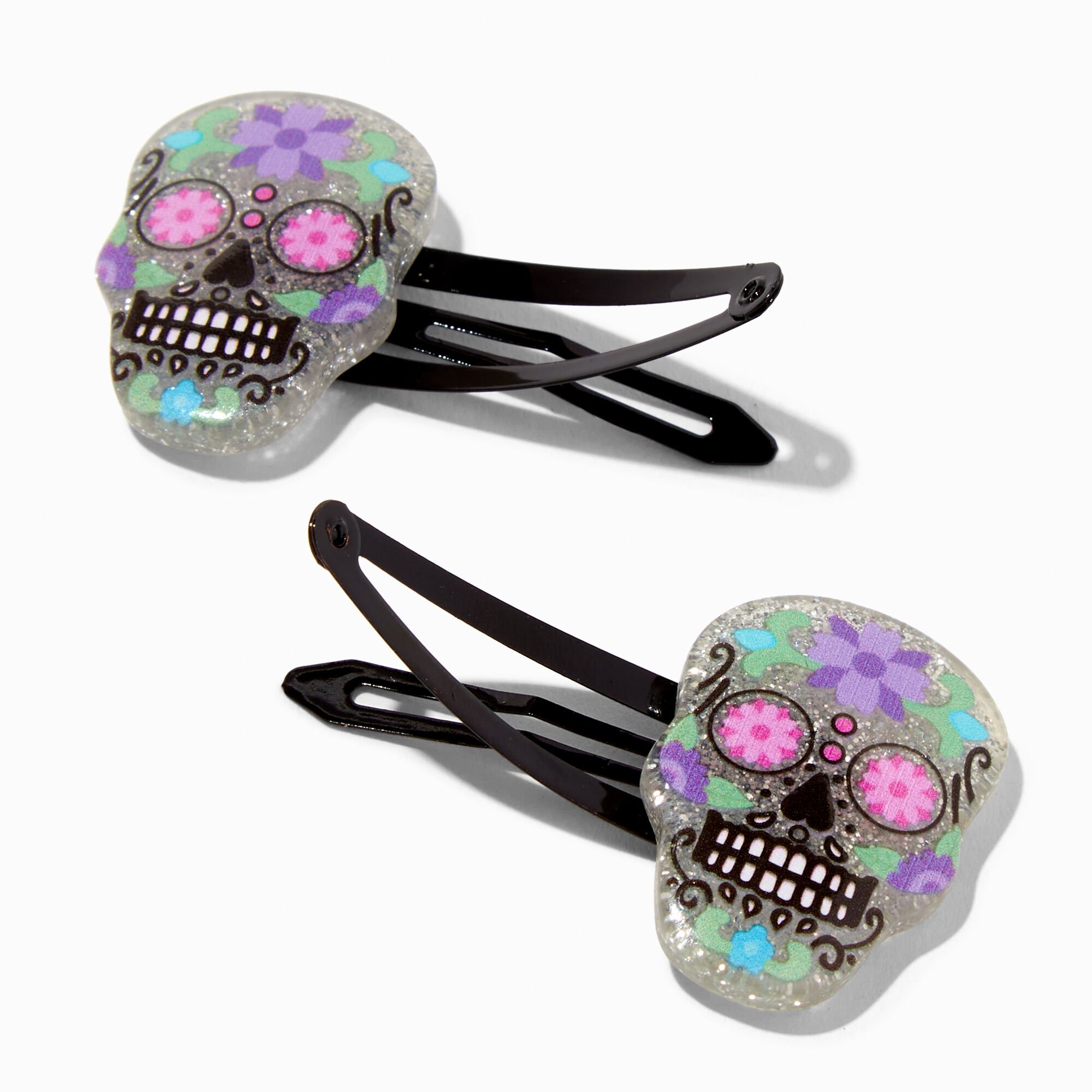 Purple & Pink Sugar Skulls Hair Snap Clips - 2 Pack,