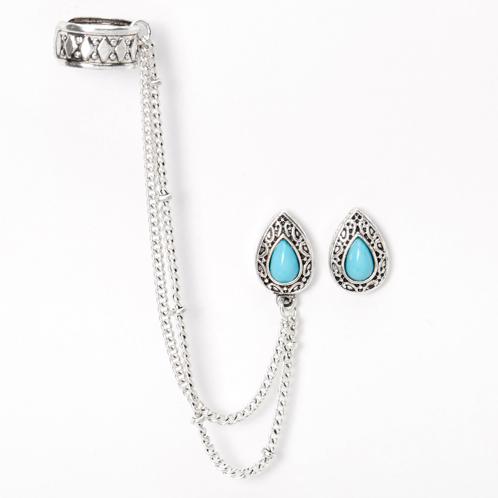 Silver Antique Teardrop Ear Connector Earrings - Turquoise,