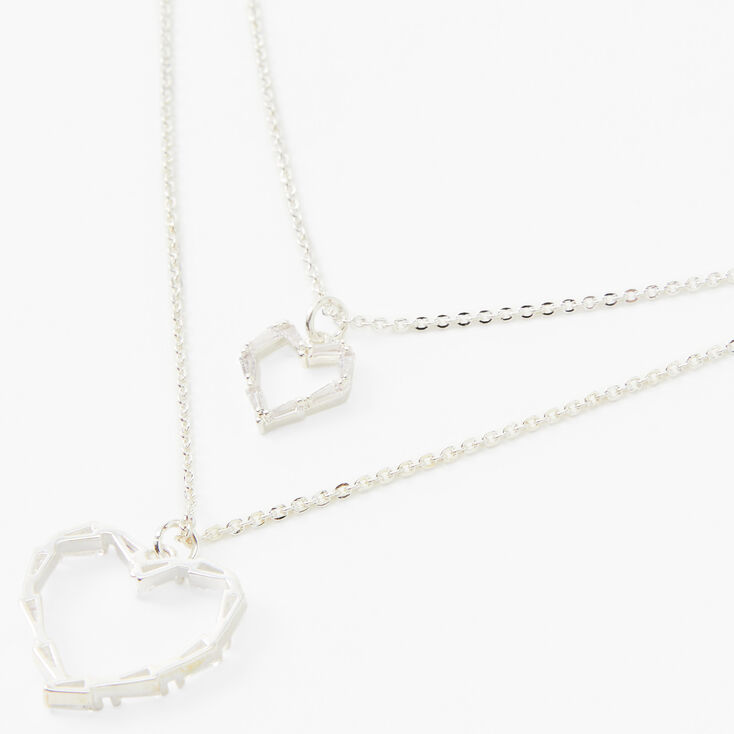 Silver Cubic Zirconia Double Heart Multi Strand Necklace,