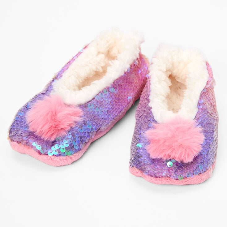 Claire&#39;s Club Sequin Plush Pom Pom Youth Slippers - L/XL,