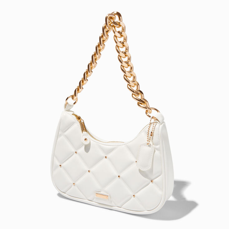 Gold Studded White Quilted Slouchy Shoulder Bag