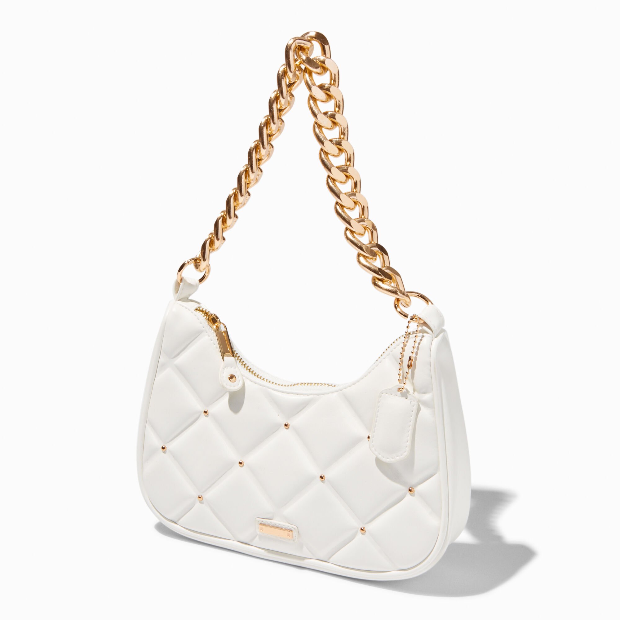 View Claires Gold Studded Quilted Slouchy Shoulder Bag White information