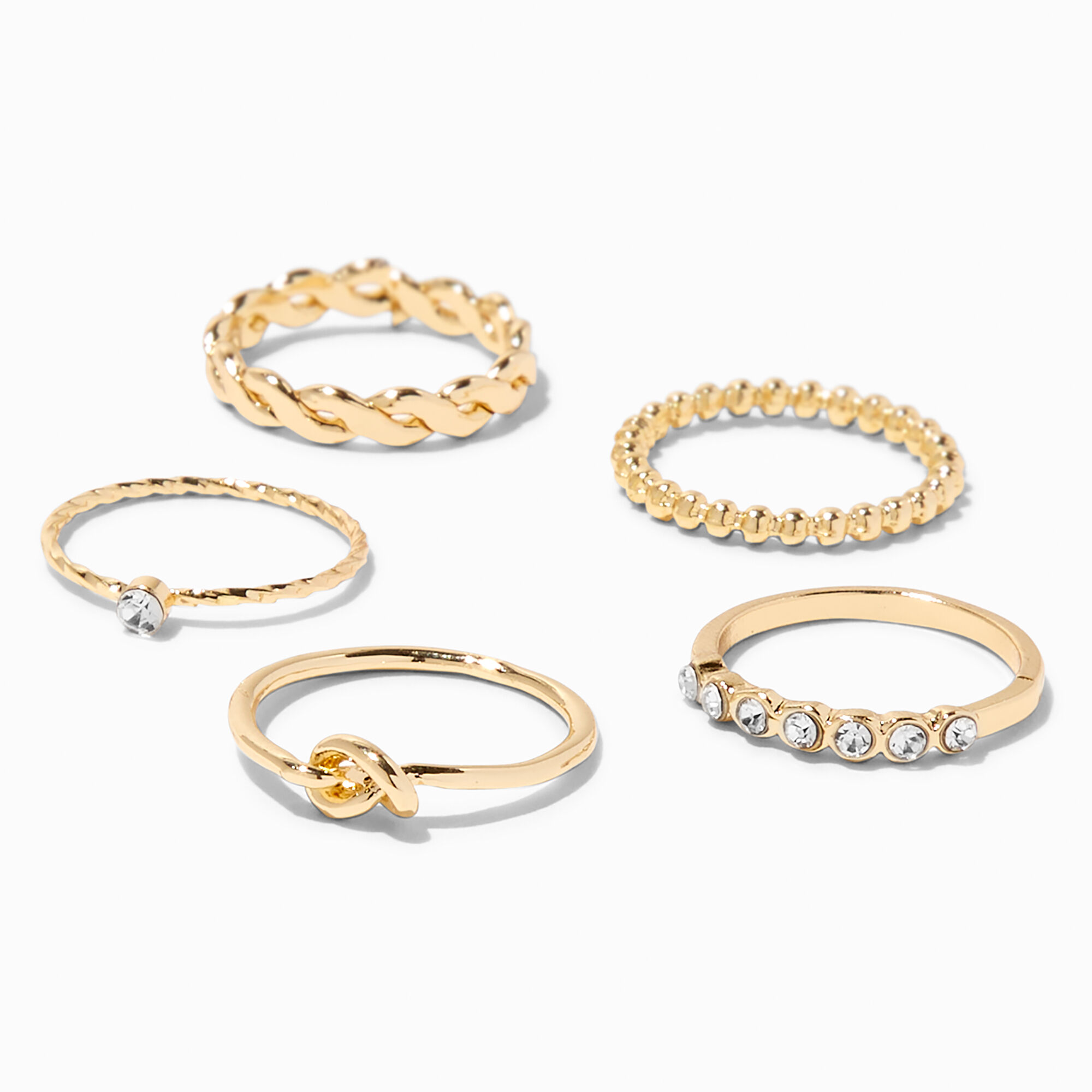 View Claires Embellished Woven Knot Rings 5 Pack Gold information