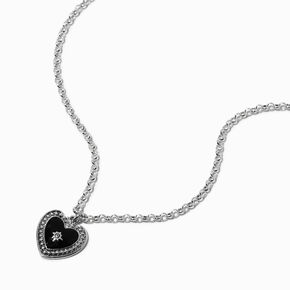 Collier &agrave; pendentif cha&icirc;ne couleur argent&eacute;e c&oelig;ur noir au contour *en pav&eacute;,