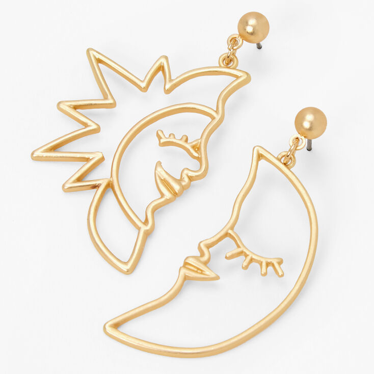 Gold 3&quot; Sun &amp; Crescent Moon Outline Drop Earrings,