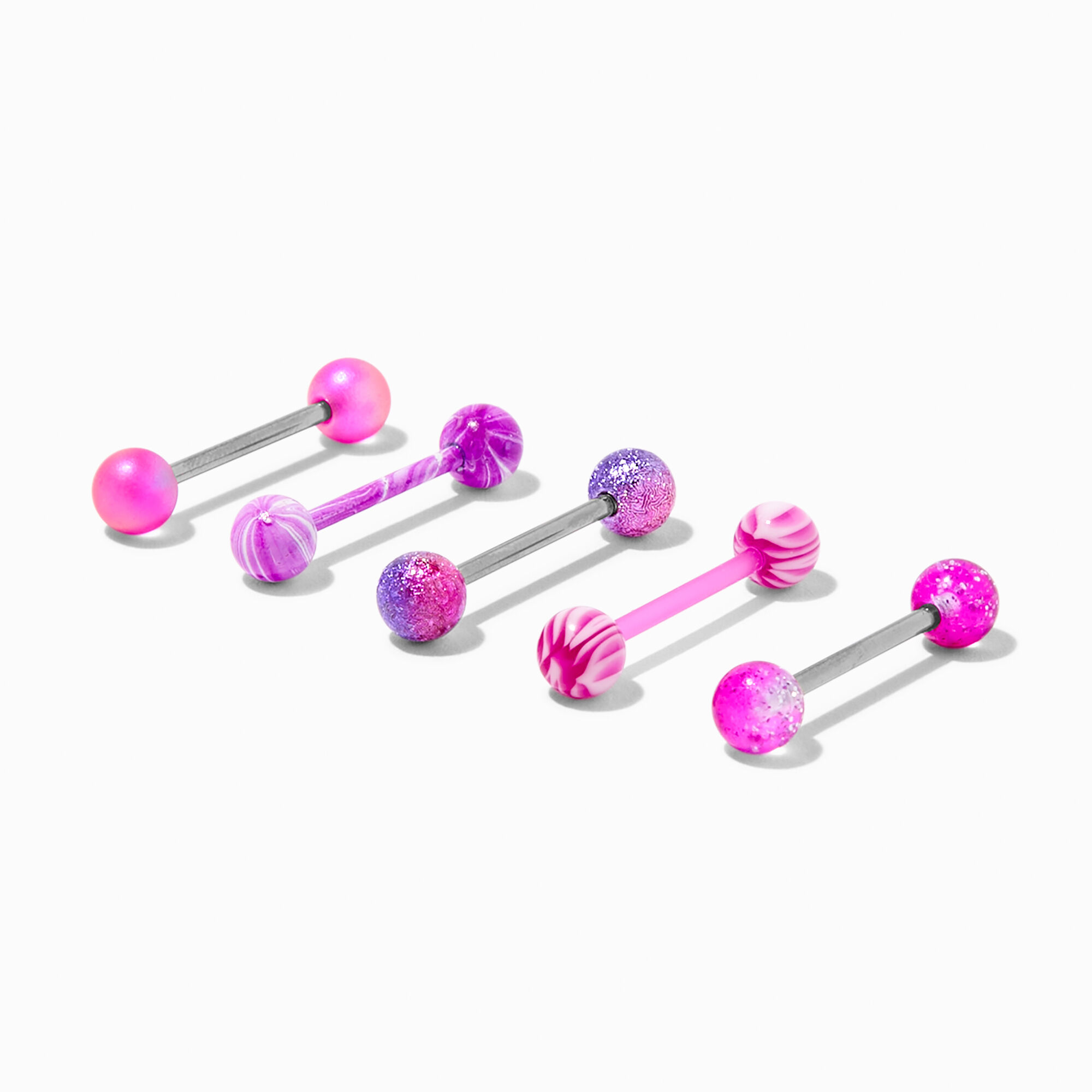 View Claires Swirl Glitter 14G Barbell Tongue Rings 5 Pack Purple information