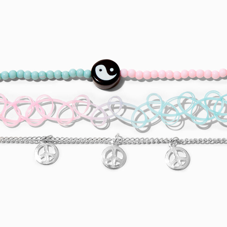 Silver Peace Sign Yin Yang Choker Necklaces - 3 Pack,