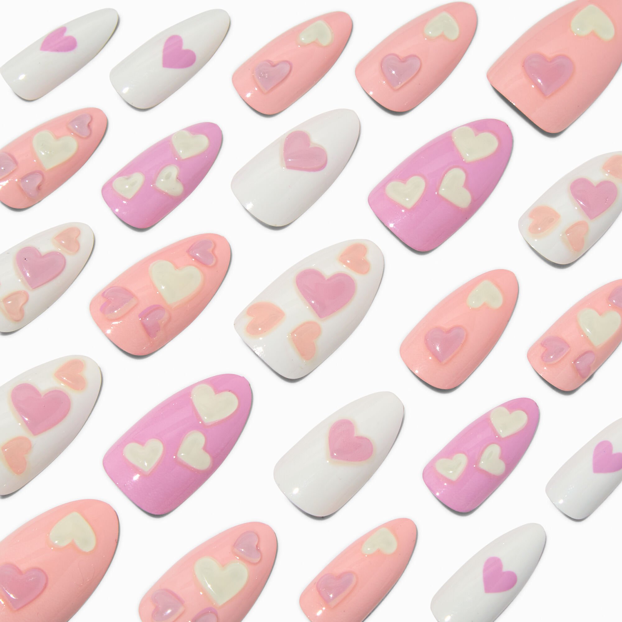 Puffy Heart Long Almond Vegan Faux Nail Set - 24 Pack,