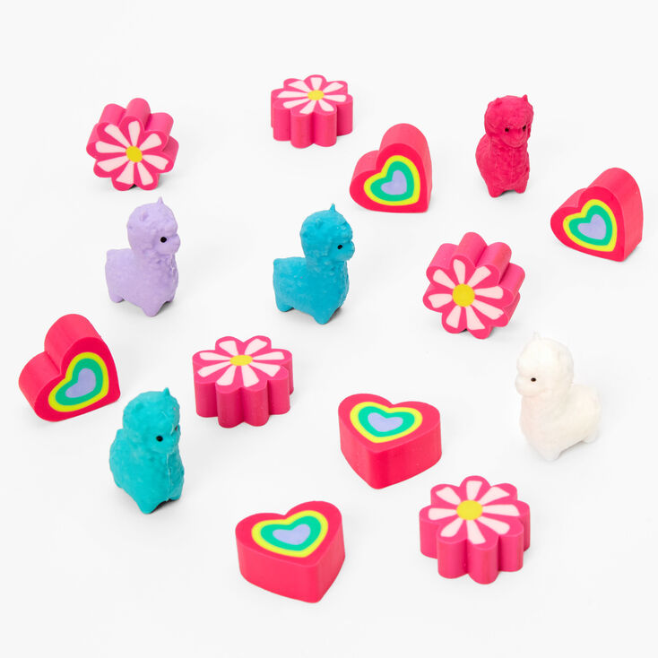 Rainbow Heart Llama Erasers - 15 Pack,