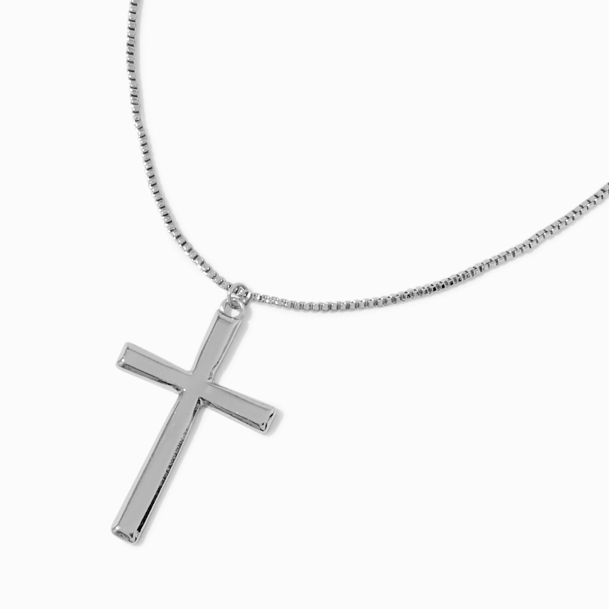 Silver-tone Box Chain Cross Pendant Necklace,