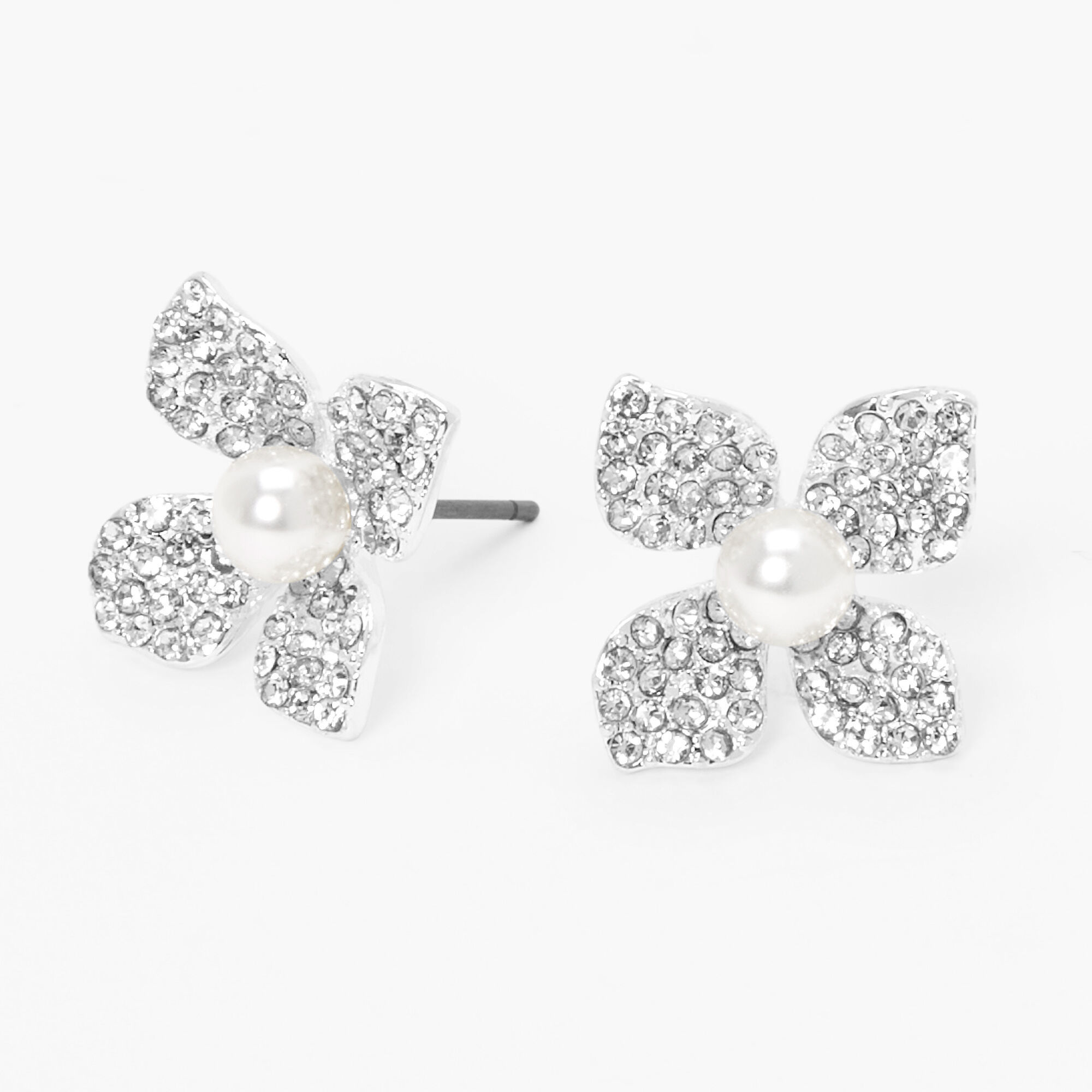 Silver Embellished Pearl Flower Stud Earrings | Claire's US