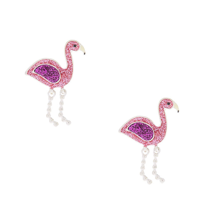 Clous d&#39;oreille flamant rose &agrave; paillettes couleur argent&eacute;,