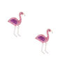 Clous d&#39;oreille flamant rose &agrave; paillettes couleur argent&eacute;,