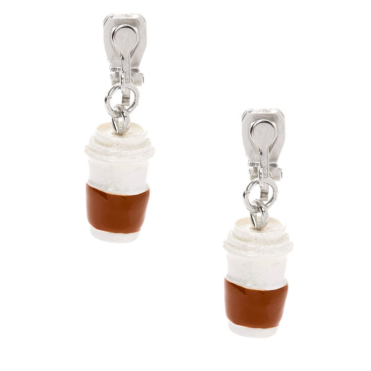 Coffee Cup Clip On Drop Earrings - White,