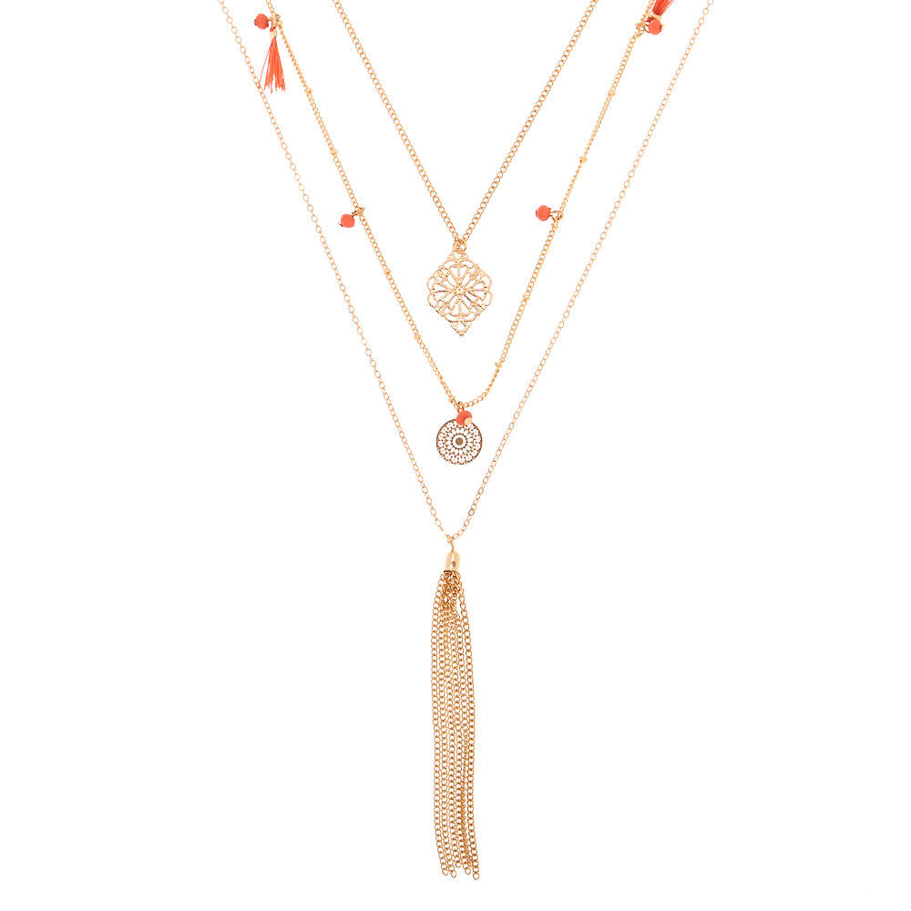 Gold Boho Filigree Multi Strand Necklace - Coral,