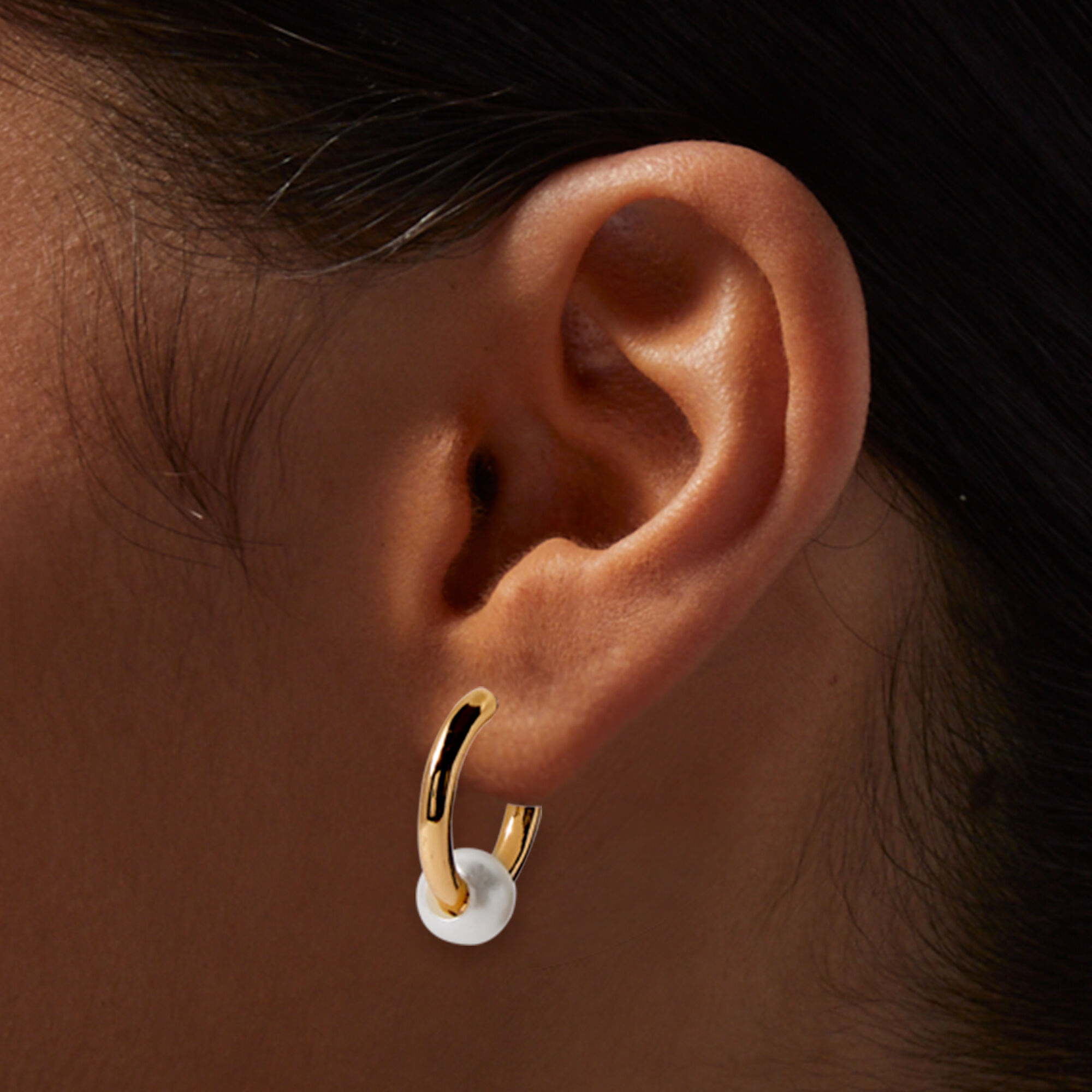 Pearl Bead Gold tone 15MM Huggie Hoop Earrings