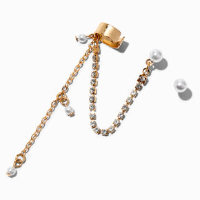 Gold Crystal &amp; Pearl Cuff Connector Earrings,
