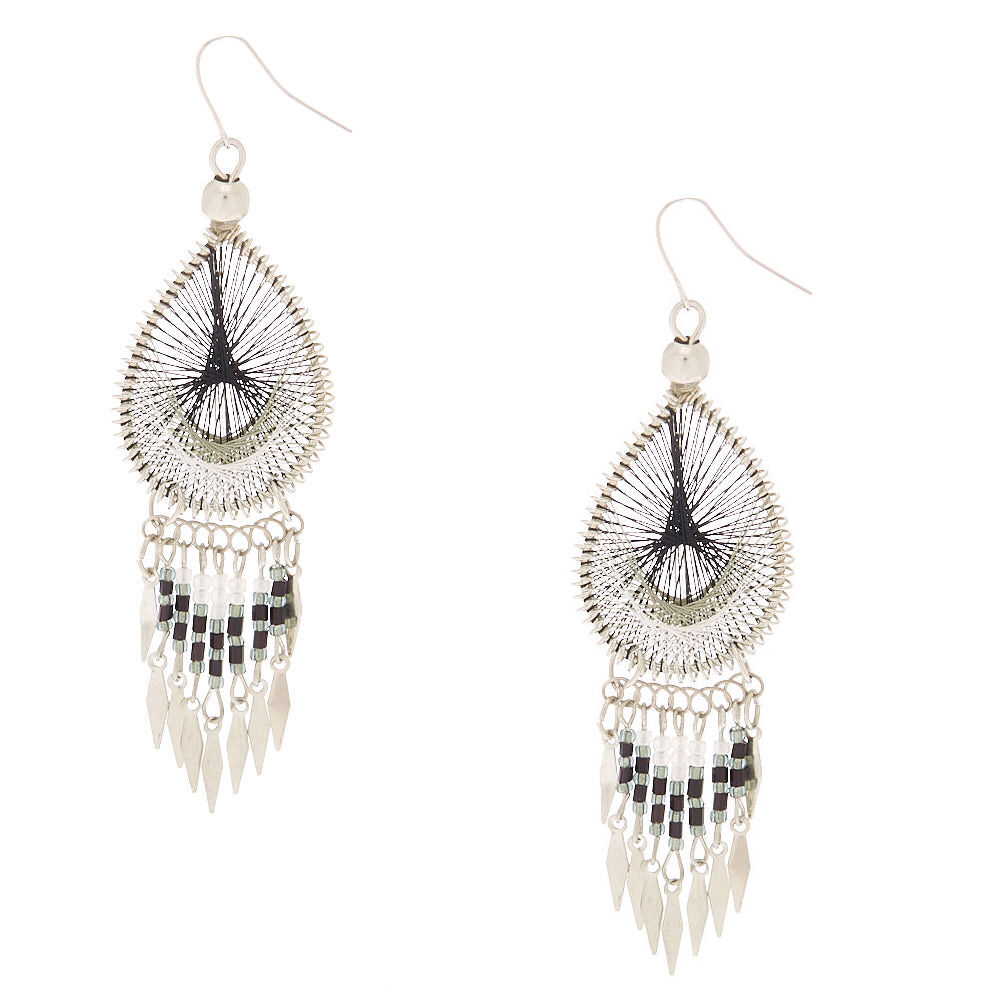 Silver 3 Threaded Drop Earrings Black