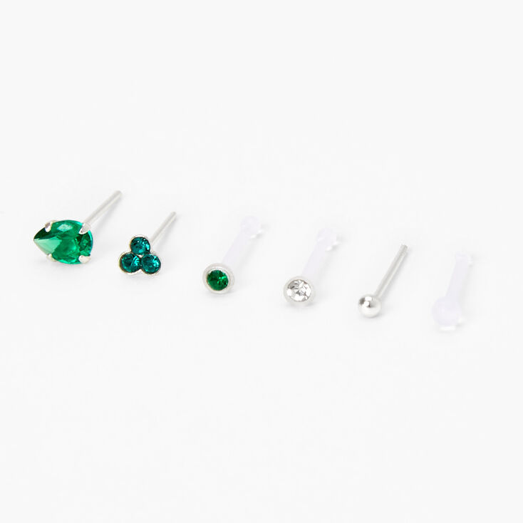 Sterling Silver Green Crystal Nose Studs - 6 Pack,