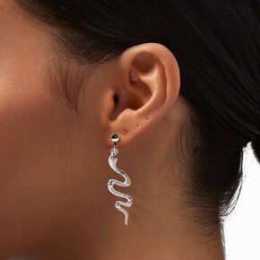Silver 2&quot; Embellished Snake Clip-On Drop Earrings,