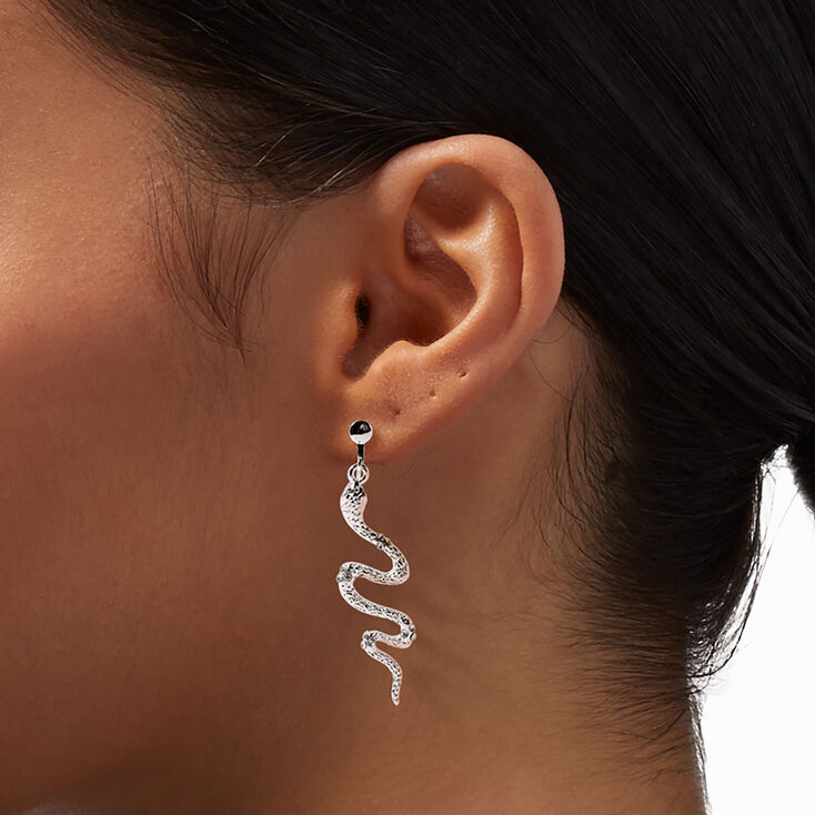 Silver 2&quot; Embellished Snake Clip-On Drop Earrings,