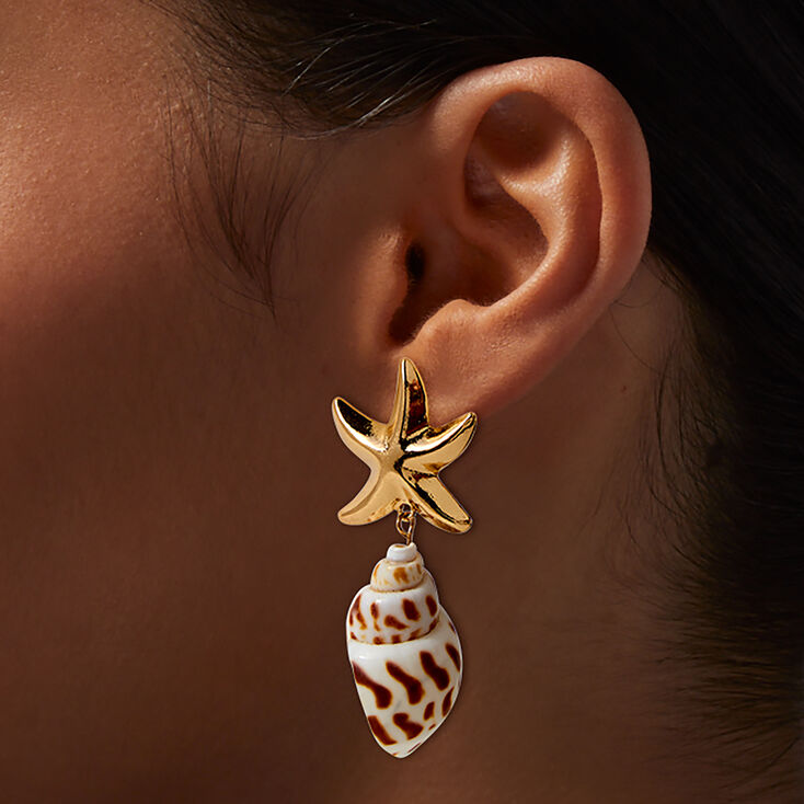 Gold-tone Starfish &amp; Shell Drop Earrings,