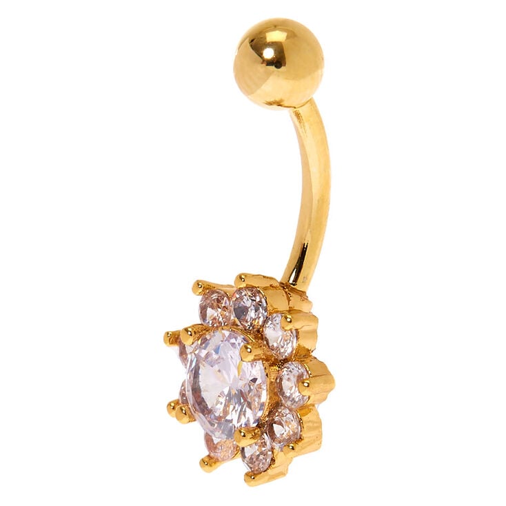 Gold-tone Stainless Steel Crystal Flower 14G Belly Bar,
