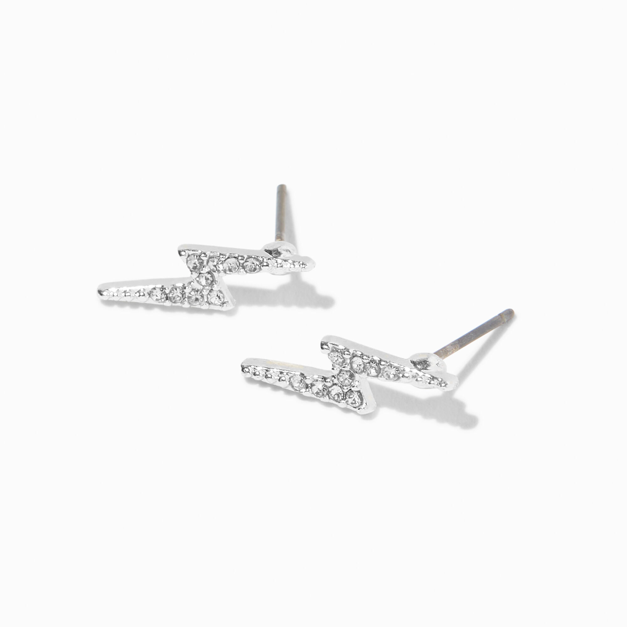 Silver Crystal Lightning Bolt Stud Earrings,