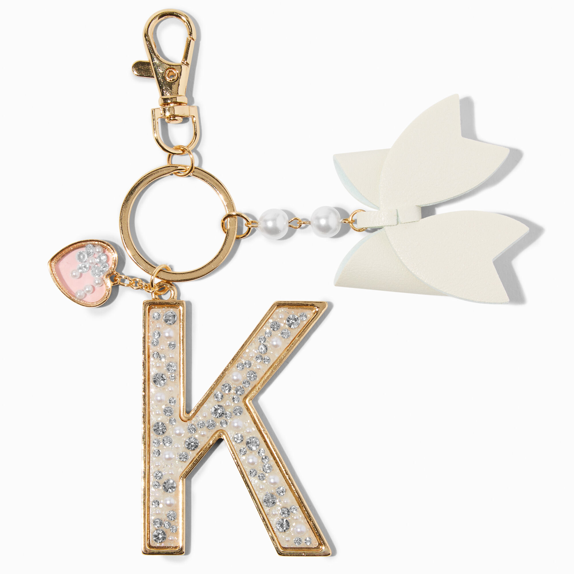 View Claires Pearl Crystal Tone Initial Keychain K Gold information