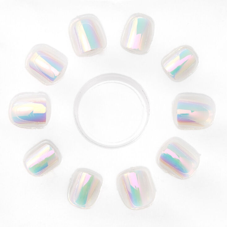 Holographic White Square Press On Faux Nail Set - 24 Pack,