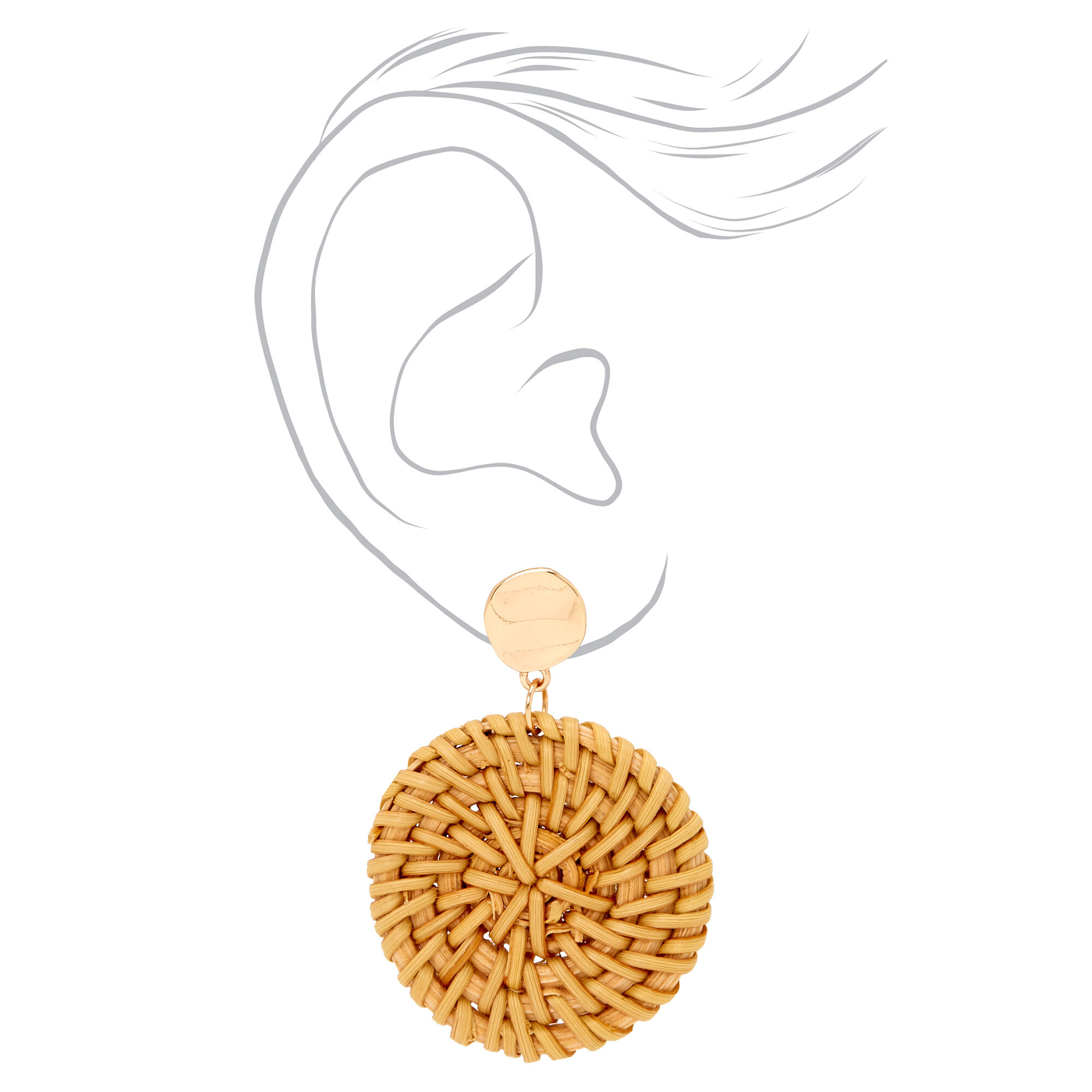 Gold 2" Round Disc Rattan Drop Earrings,