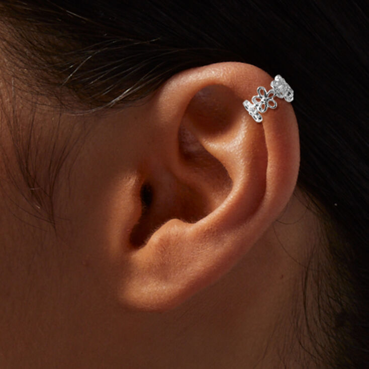 Silver-tone Daisy Stud &amp; Ear Cuff Earring Stackables - 6 Pack,