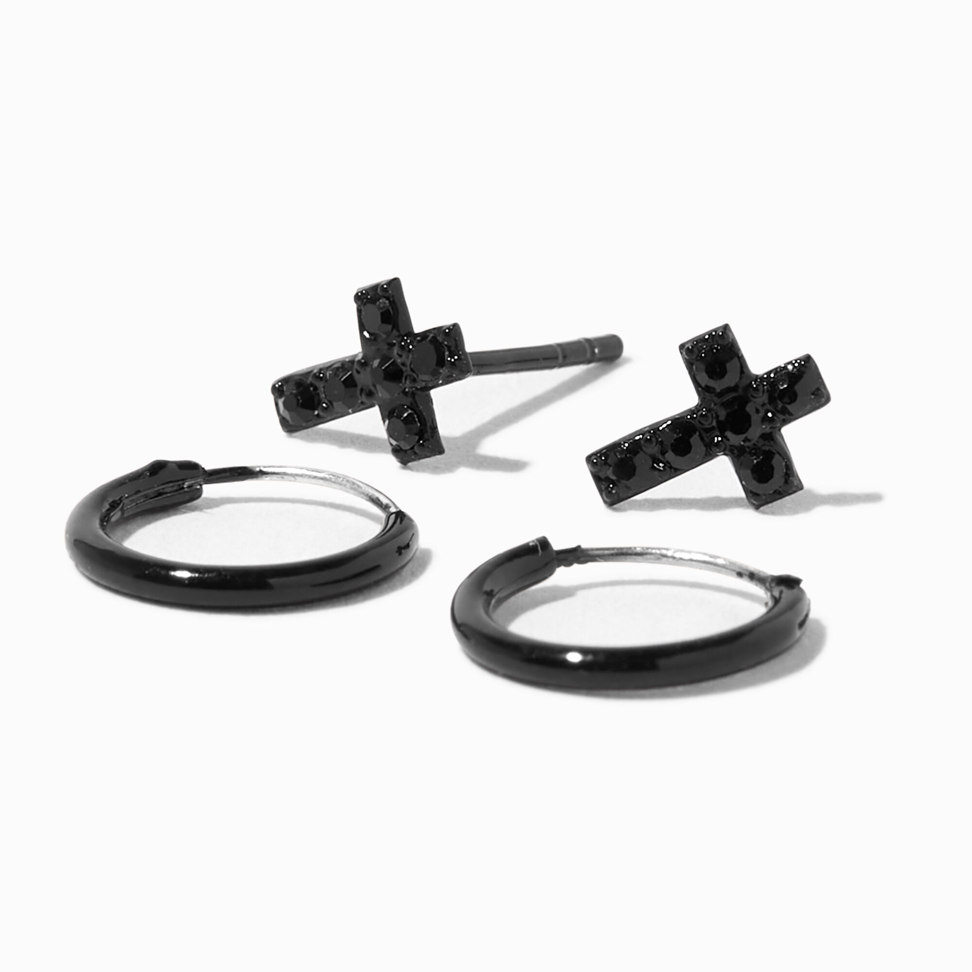 View Claires Sterling Silver Cross Hoop Earrings 2 Pack Black information