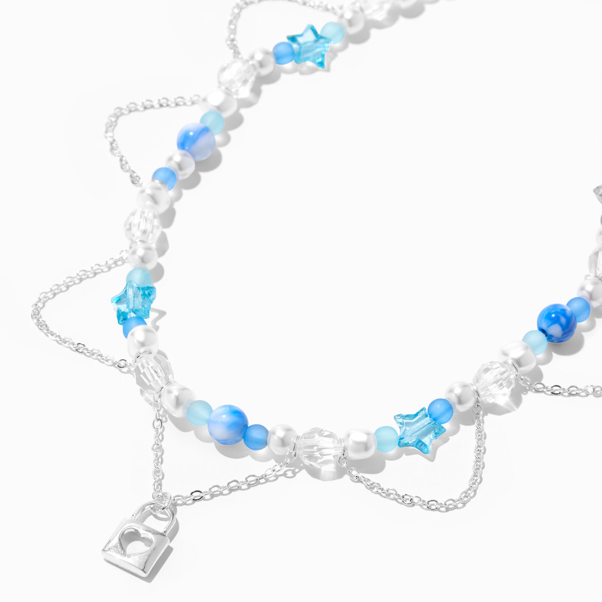 Silver Padlock Blue Beaded Choker Necklace,