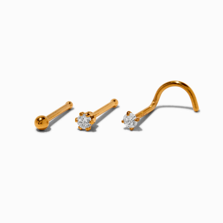 20G Gold-tone Stainless Steel Cubic Zirconia Nose Studs - 3 Pack,