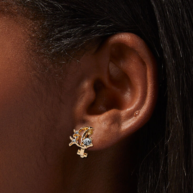 Gold-tone Moon &amp; Stars Cluster Clip-On Stud Earrings ,