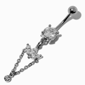 Silver-tone Stainless Steel Crystal Lotus Flower Chain 14G Belly Bar,