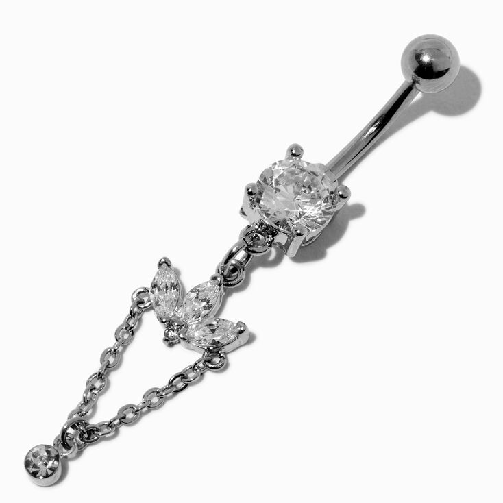Silver-tone Stainless Steel Crystal Lotus Flower Chain 14G Belly Bar,