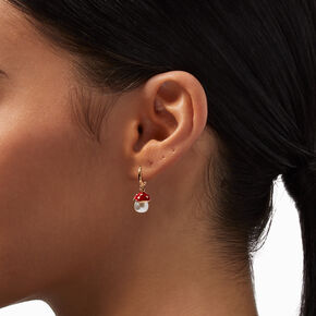 Gold 20MM Red Mushroom Pearl Huggie Hoop Earrings,
