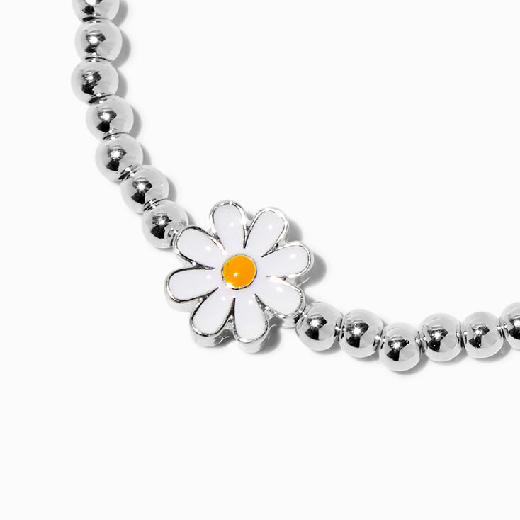 Daisy Charm Silver-tone Shot Bead Stretch Bracelet,